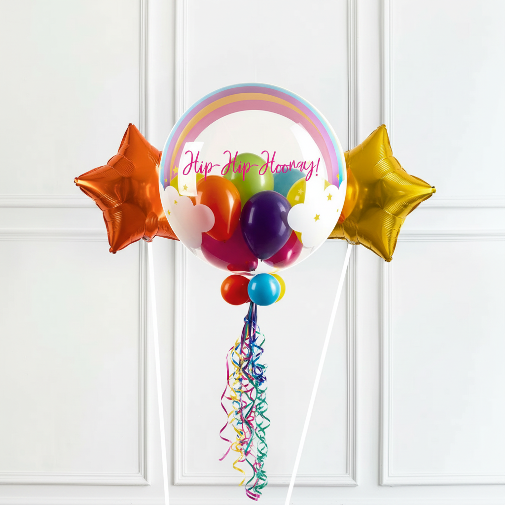 Personalised Bubble Balloon in a Box - Rainbow Clouds 2 Extra Balloons Personalised Balloons
