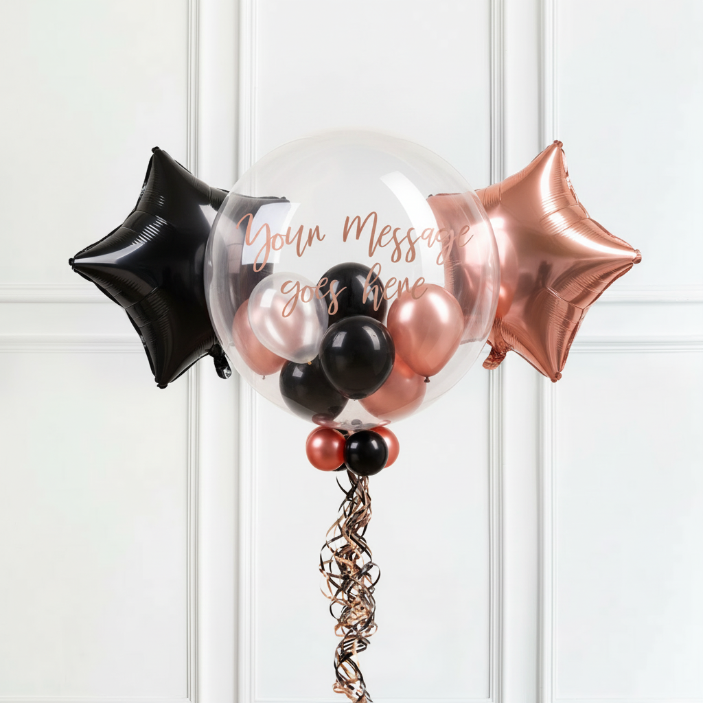 Personalised Bubble Balloon in a Box – Rose Gold Chic 2 Extra Balloons Personalised Balloons