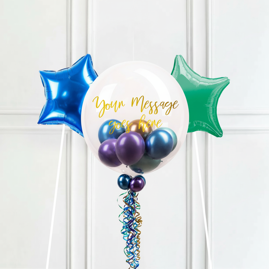 Personalised Bubble Balloon in a Box – Chrome Luxe Mini Balloons 2 Extra Balloons Personalised Balloons