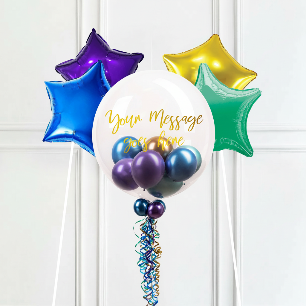 Personalised Bubble Balloon in a Box – Chrome Luxe Mini Balloons 4 Extra Balloons Personalised Balloons