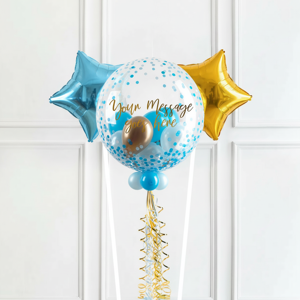 Personalised Bubble Balloon in a Box - Blue Gold Luxe 2 Extra Balloons Personalised Balloons