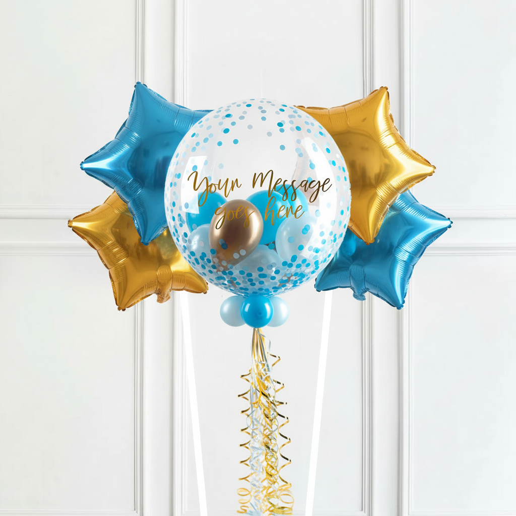 Personalised Bubble Balloon in a Box - Blue Gold Luxe 4 Extra Balloons Personalised Balloons