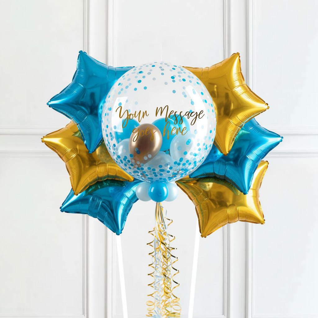 Personalised Bubble Balloon in a Box - Blue Gold Luxe 6 Extra Balloons Personalised Balloons