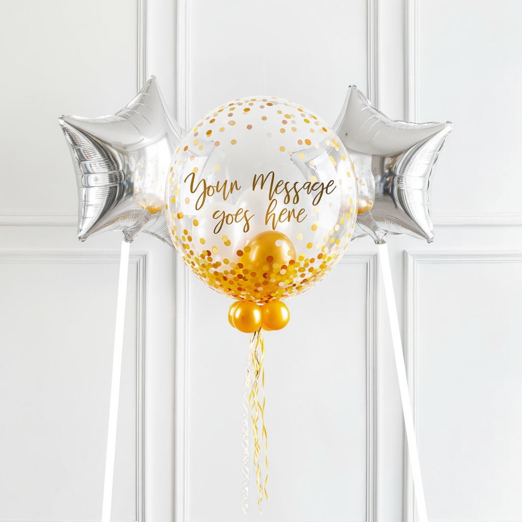 Personalised Bubble Balloon in a Box - Elegant Gold Dots 2 Extra Balloons Personalised Balloons