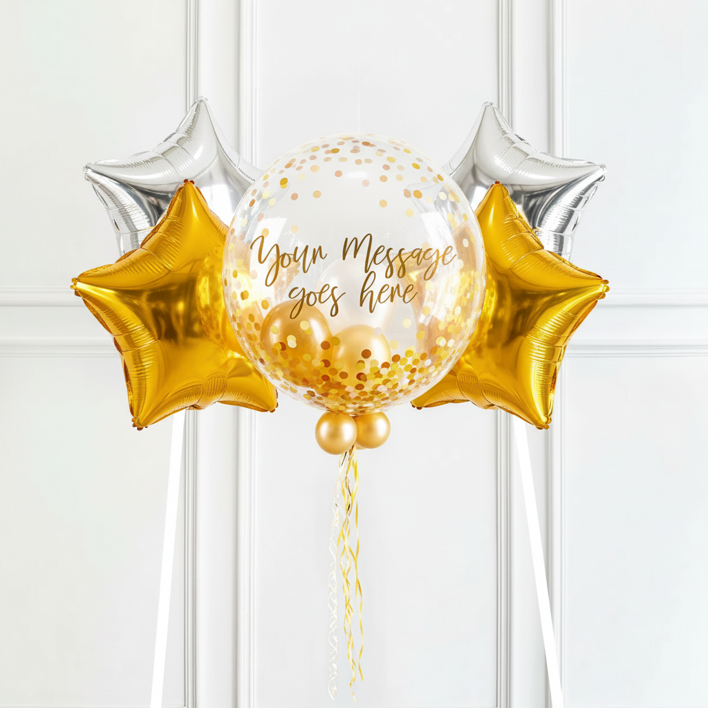 Personalised Bubble Balloon in a Box - Elegant Gold Dots 4 Extra Balloons Personalised Balloons