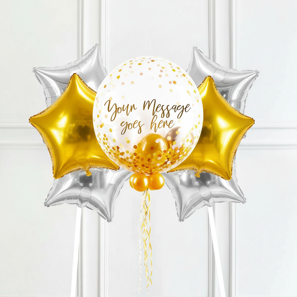 Personalised Bubble Balloon in a Box - Elegant Gold Dots 6 Extra Balloons Personalised Balloons