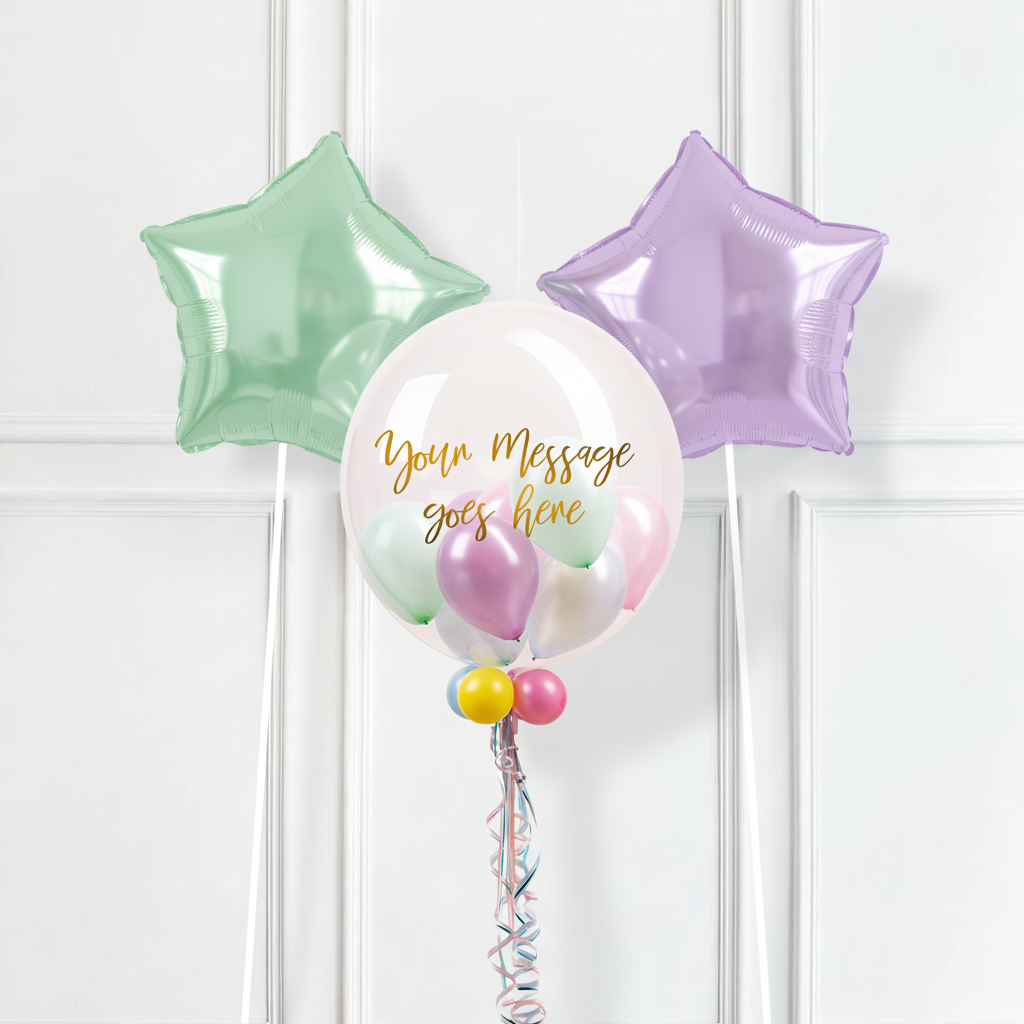 Personalised Bubble Balloon in a Box – Pretty Pastels 2 Extra Balloons Personalised Balloons