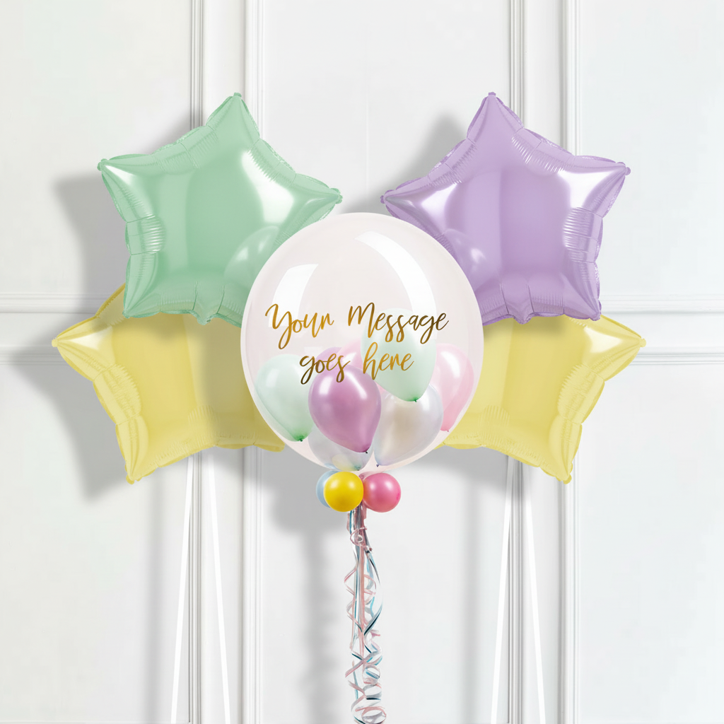 Personalised Bubble Balloon in a Box – Pretty Pastels 4 Extra Balloons Personalised Balloons