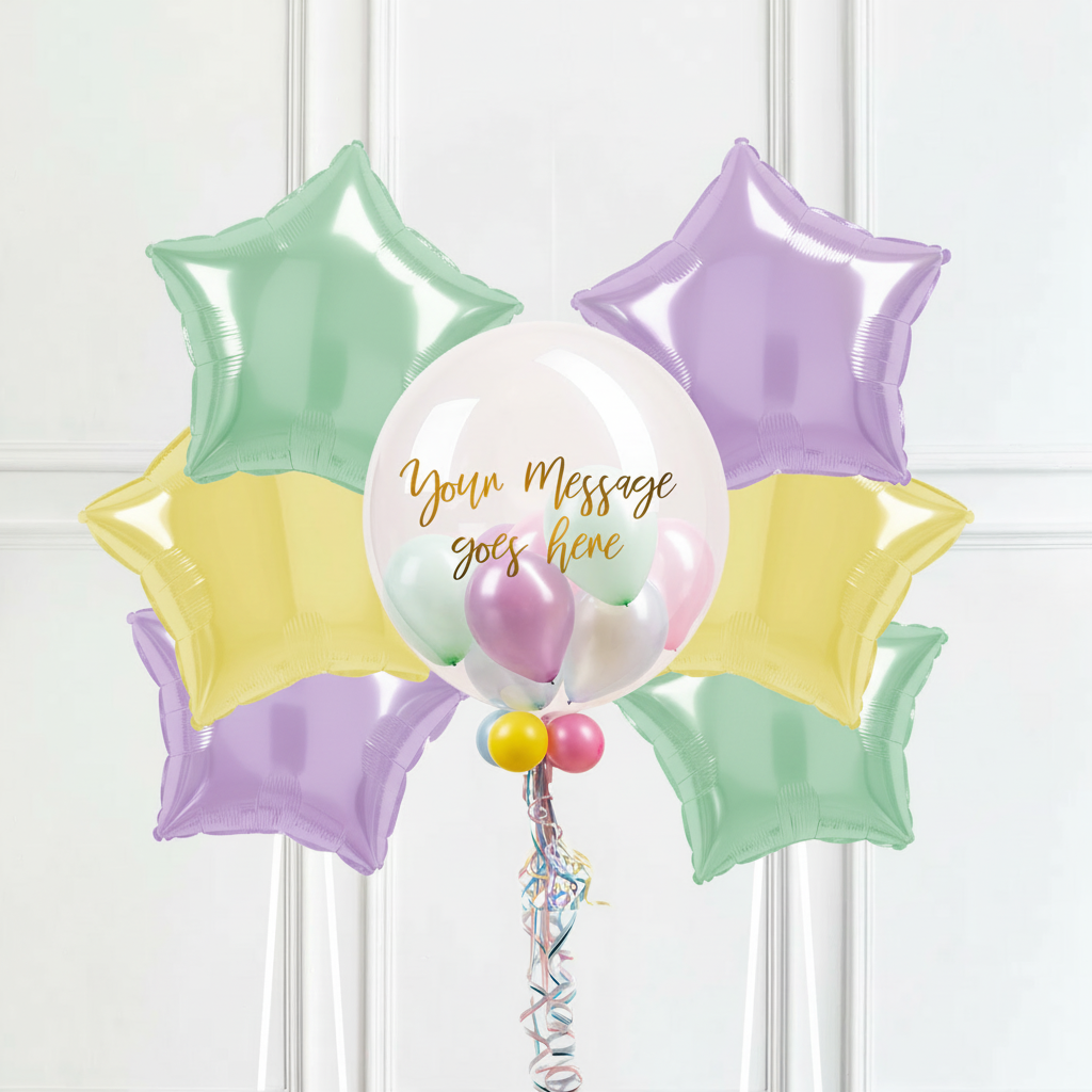 Personalised Bubble Balloon in a Box – Pretty Pastels 6 Extra Balloons Personalised Balloons