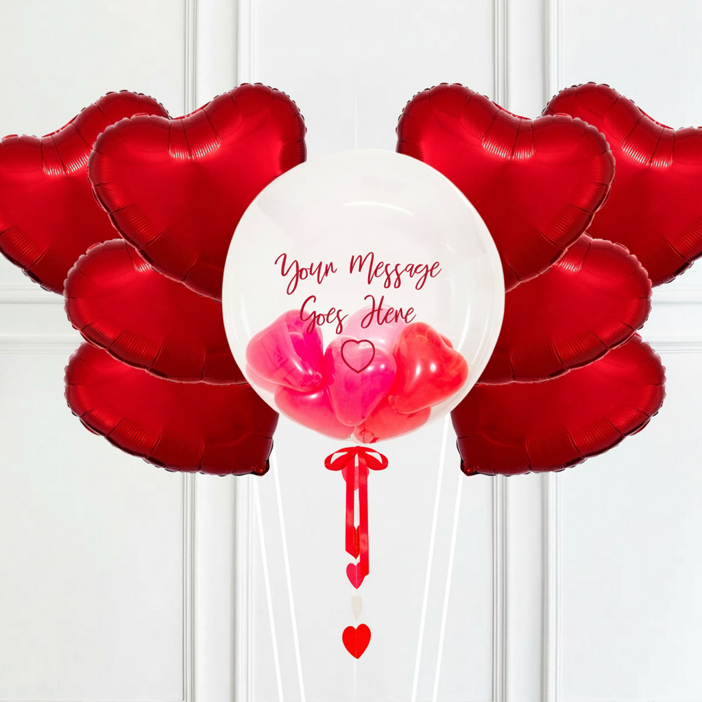 Personalised Heart Filled Bubble Balloon in a Box – Mini Balloons 8 Extra Balloons Personalised Balloons