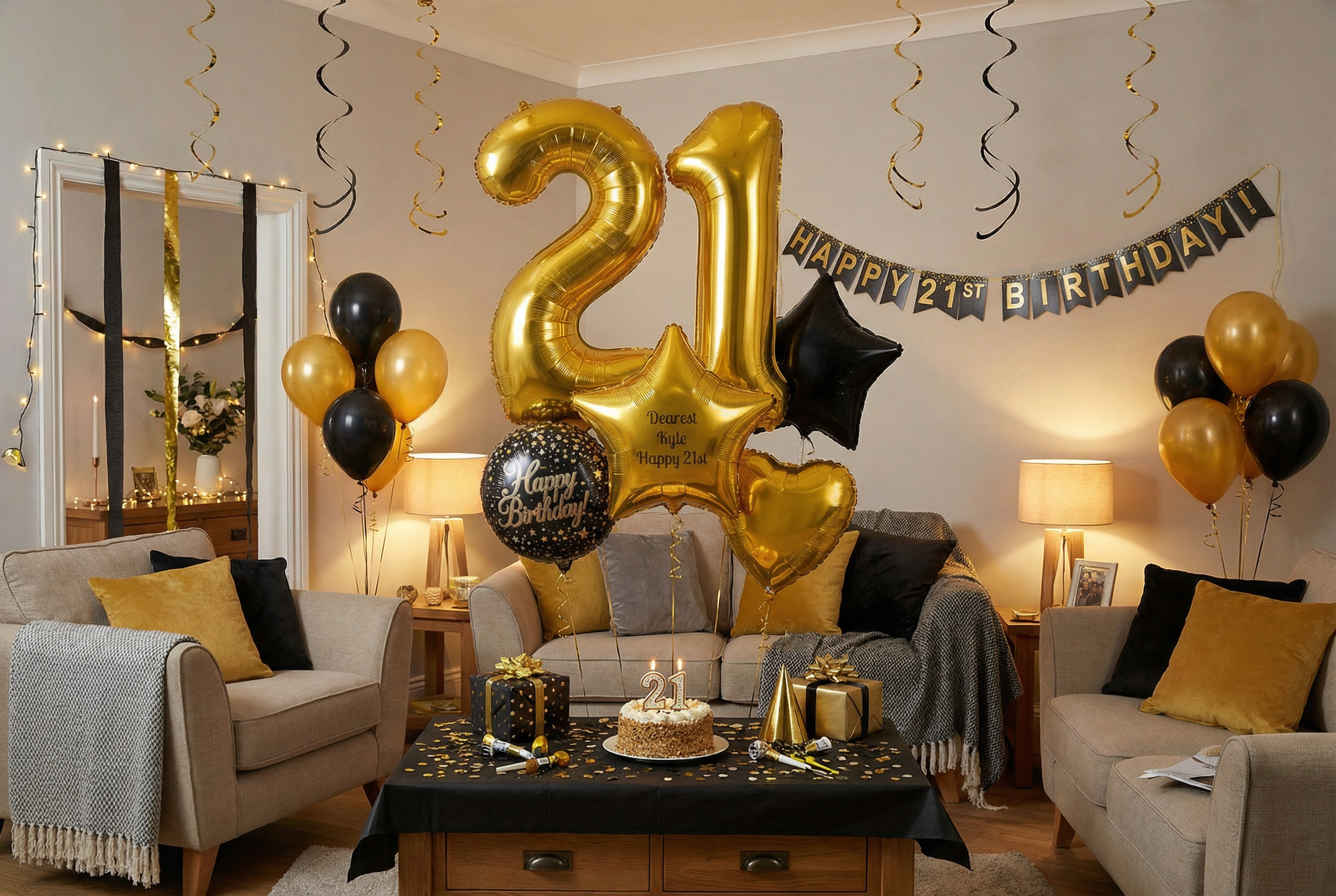 21st Birthday Black & Gold - Deluxe Personalised Balloon Bunch - Personalised Balloons