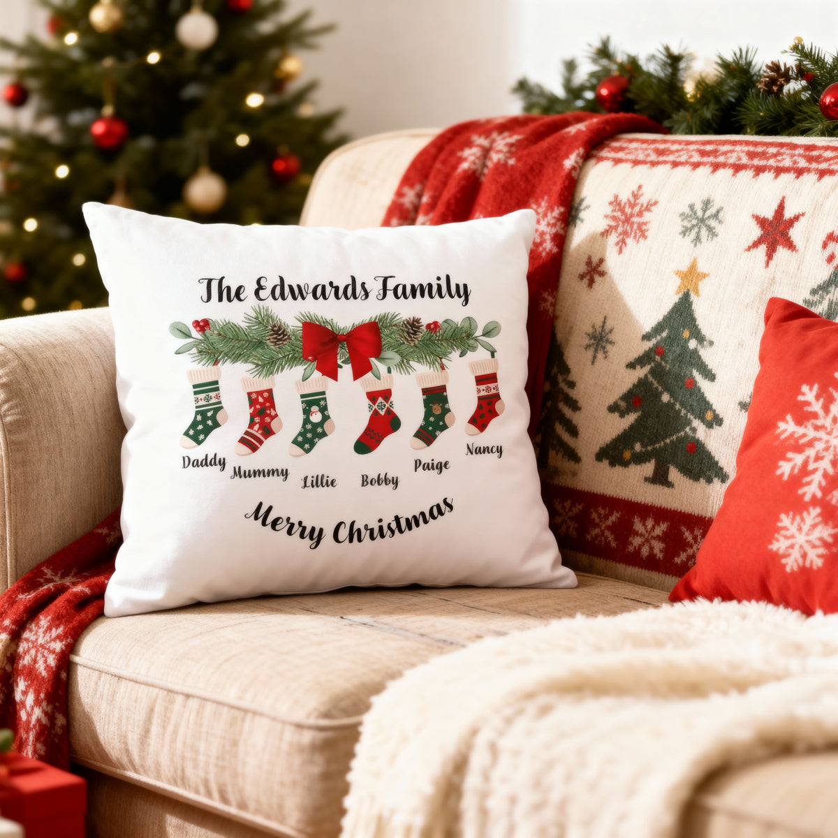 Personalised Christmas Socks Cushion for 3, 4, 5 or 6 names Monster Parties