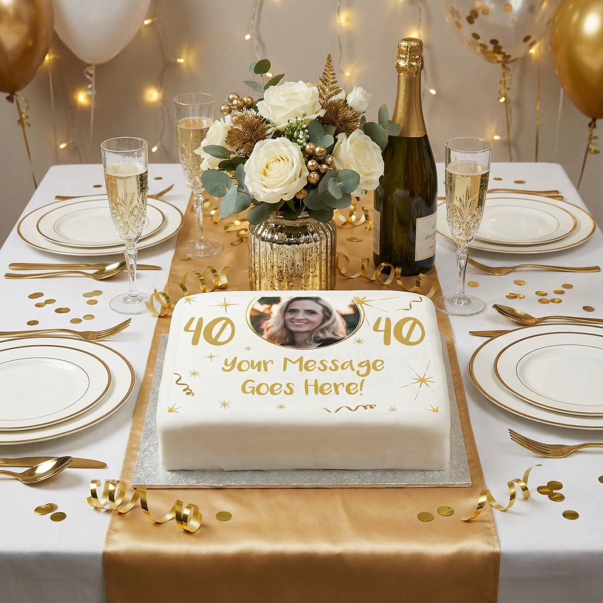 Personalised Photo Cake - White & Gold Any Age Birthday Personalised Cake