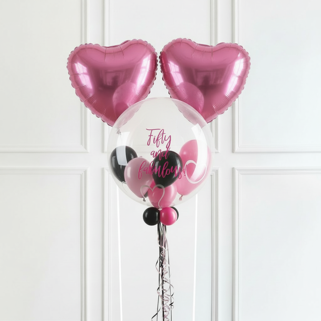 Personalised Bubble Balloon in a Box - Stylish Hearts 2 Extra Balloons Personalised Balloons