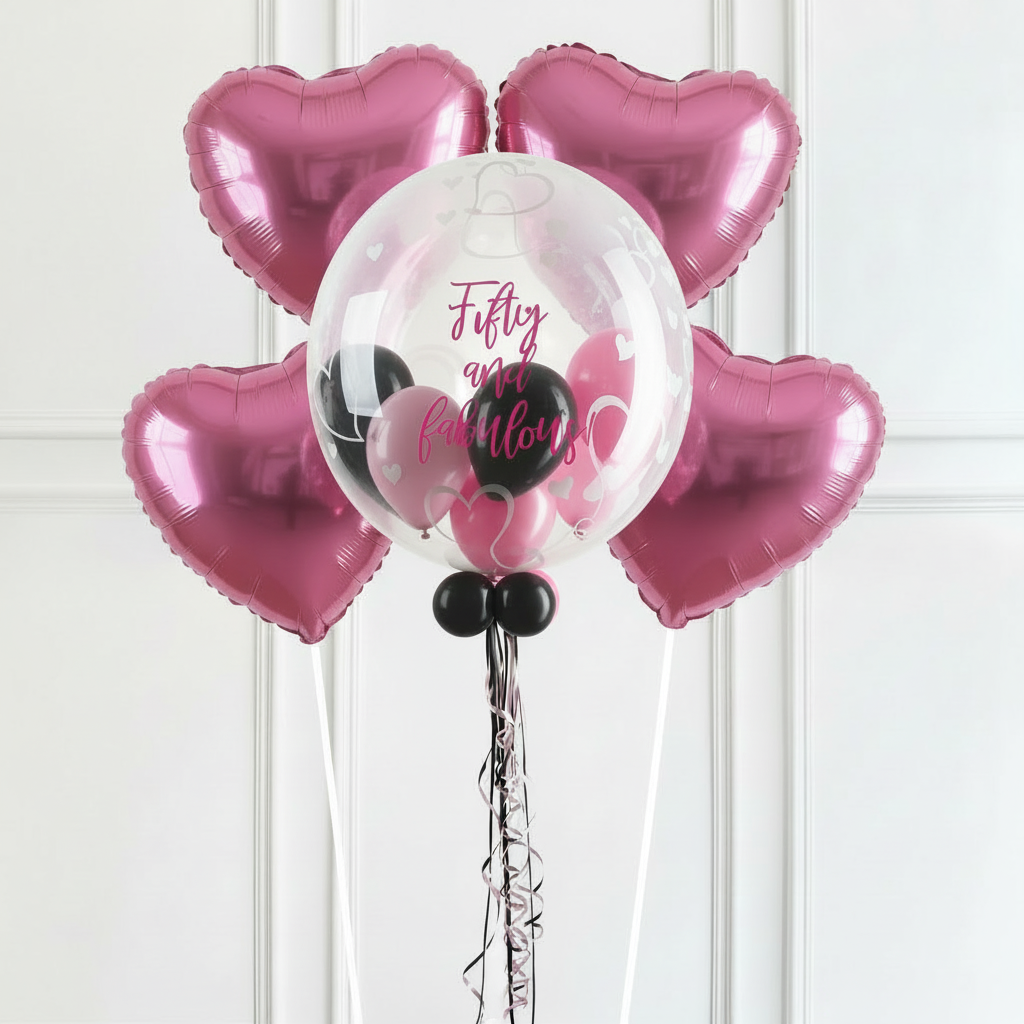 Personalised Bubble Balloon in a Box - Stylish Hearts 4 Extra Balloons Personalised Balloons