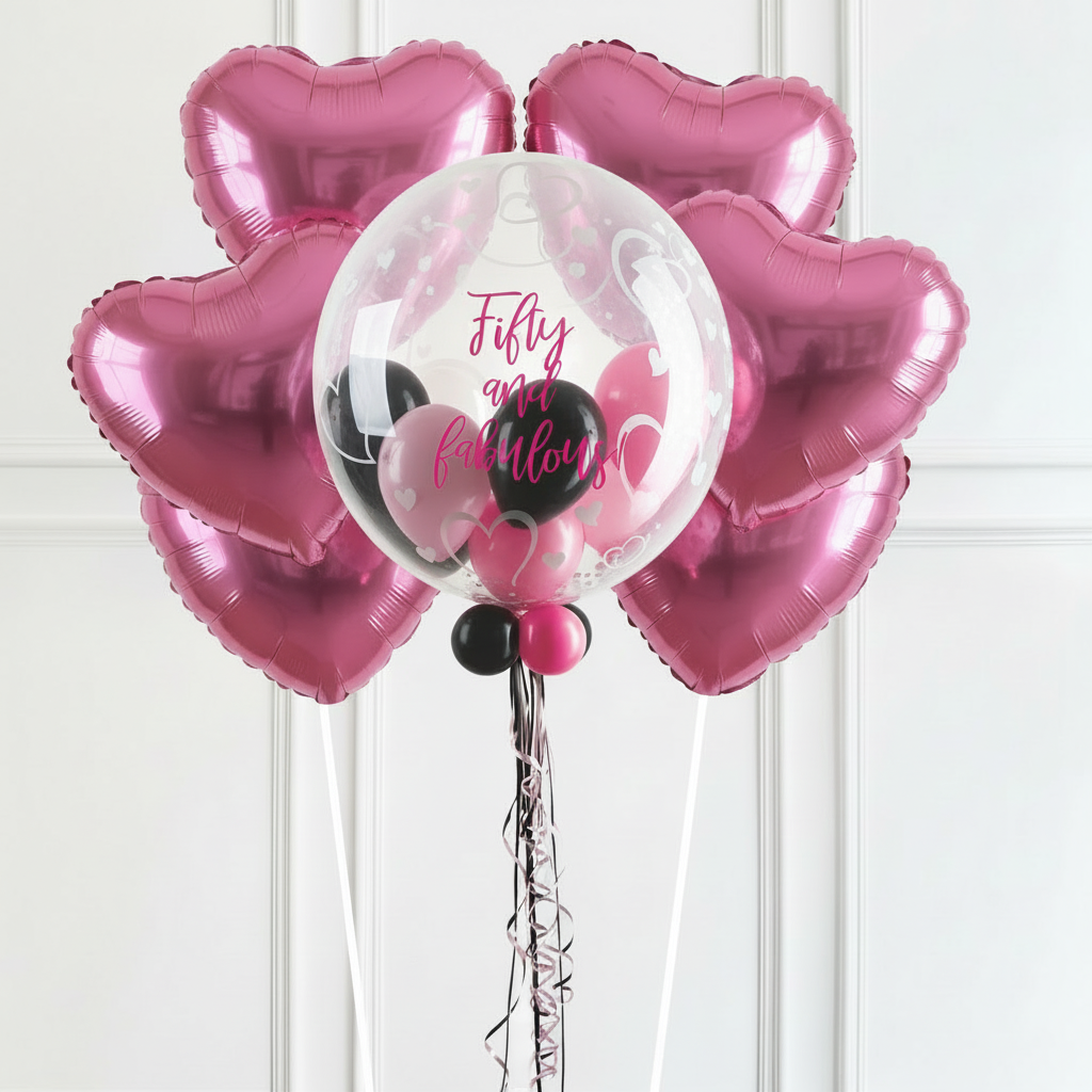 Personalised Bubble Balloon in a Box - Stylish Hearts 6 Extra Balloons Personalised Balloons