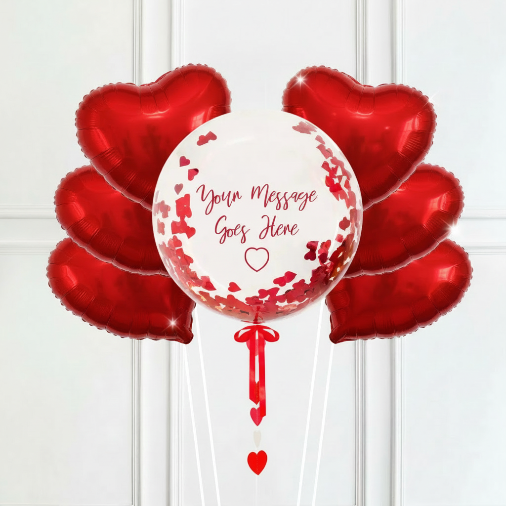 Personalised Heart Filled Bubble Balloon in a Box – Confetti 6 Extra Balloons Personalised Balloons
