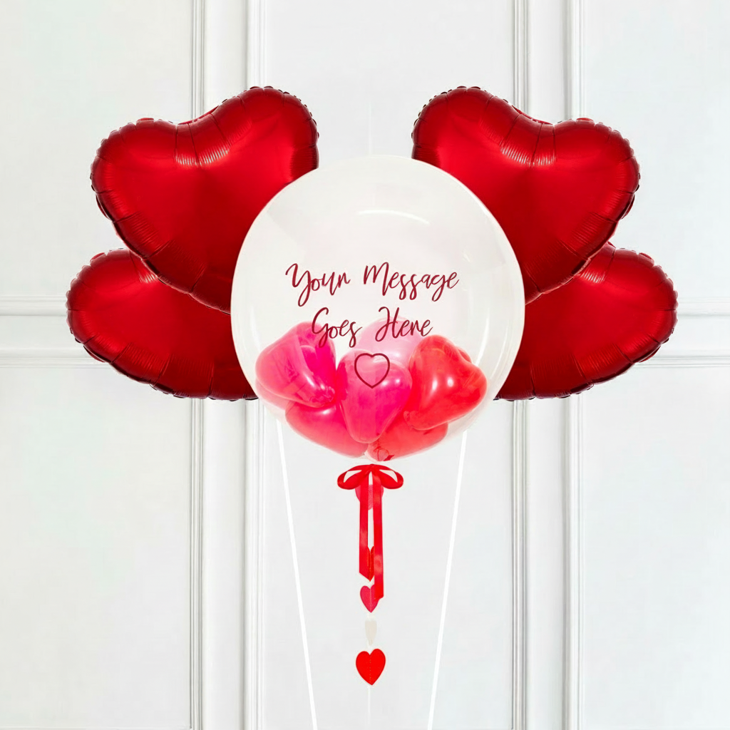 Personalised Heart Filled Bubble Balloon in a Box – Mini Balloons 4 Extra Balloons Personalised Balloons