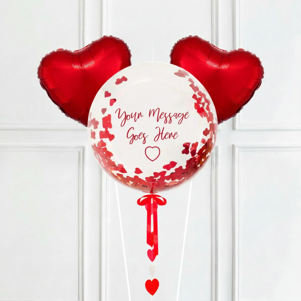 Personalised Heart Filled Bubble Balloon in a Box – Confetti 2 Extra Balloons Personalised Balloons