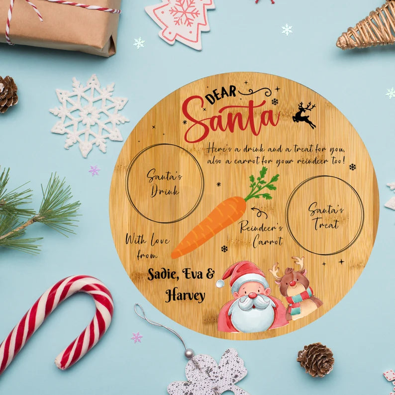 Personalised Treats For Santa Wooden Board Christmas Eve Treat Plate