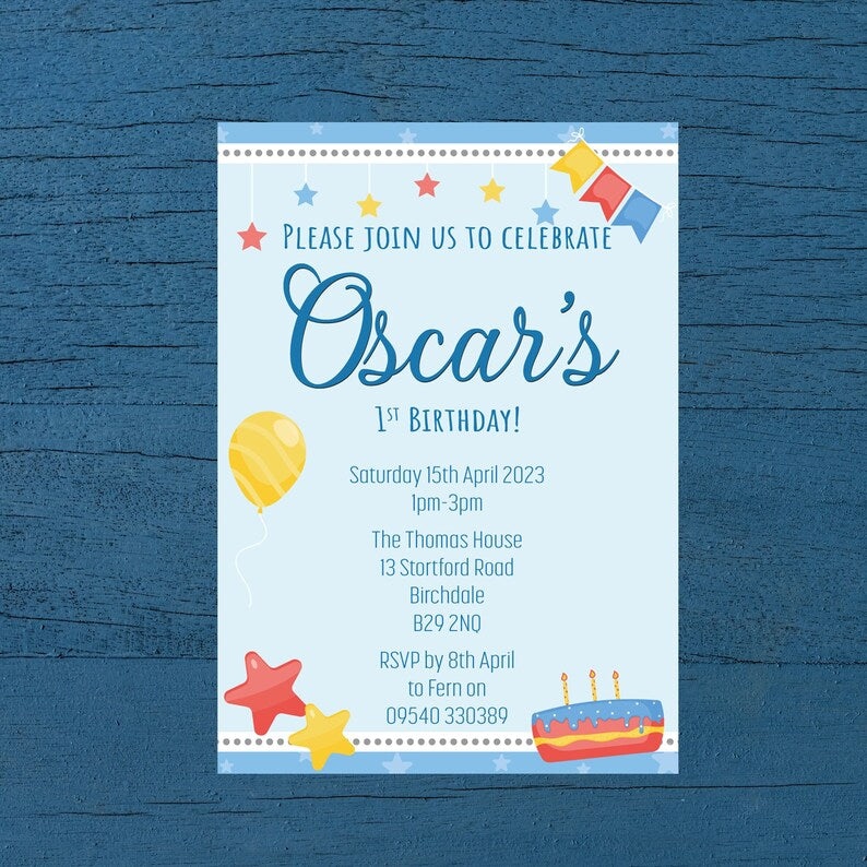 Personalised 1st Birthday Blue Invitations