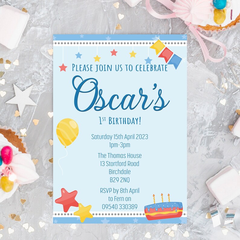 Personalised 1st Birthday Blue Invitations