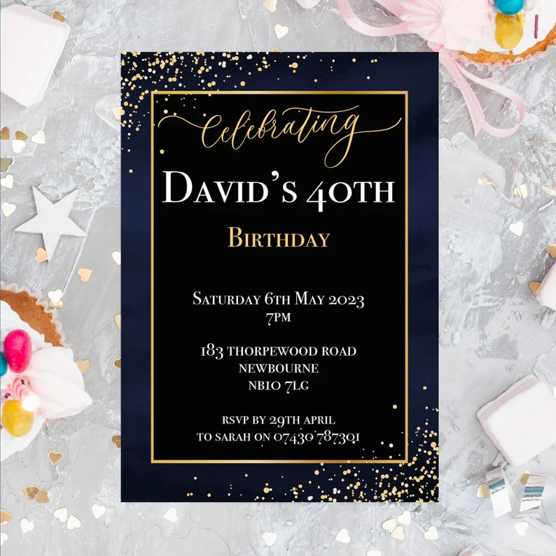Personalised Age Birthday Navy and Black Confetti Invitation