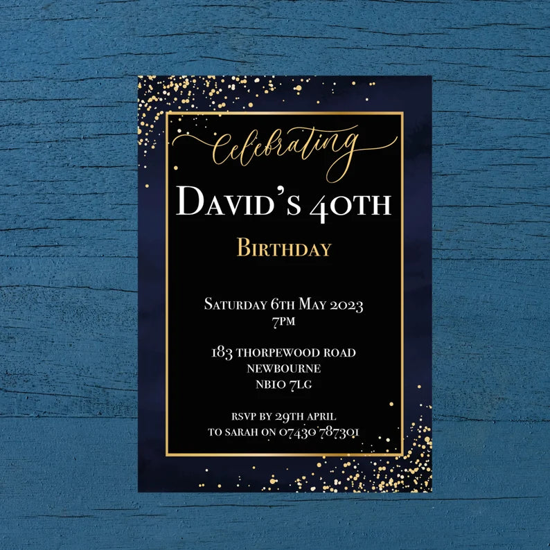 Personalised Age Birthday Navy and Black Confetti Invitation
