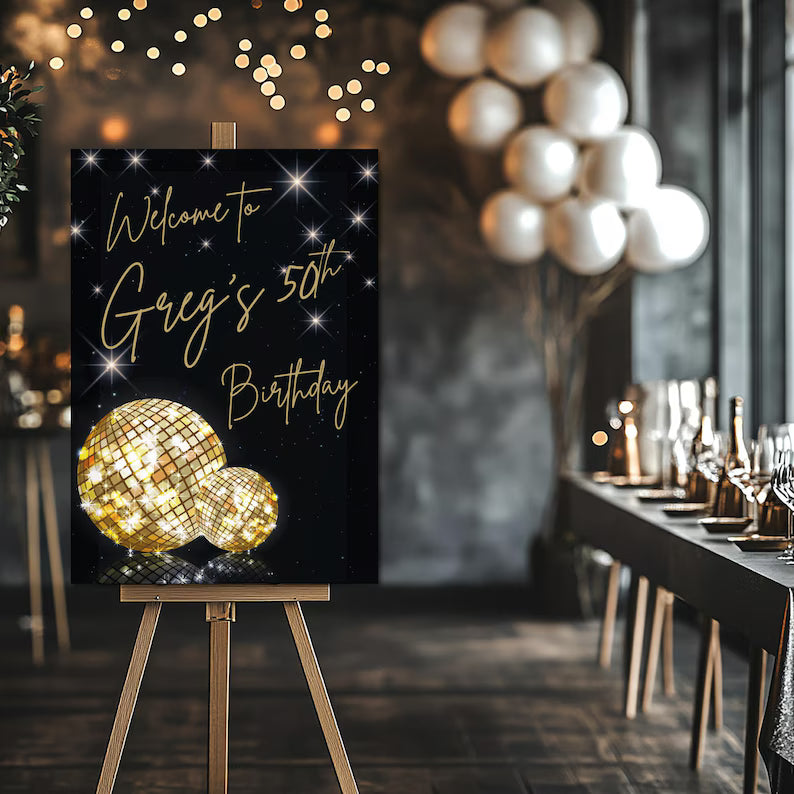 Personalised Gold Disco Ball Party Sign Monster Parties