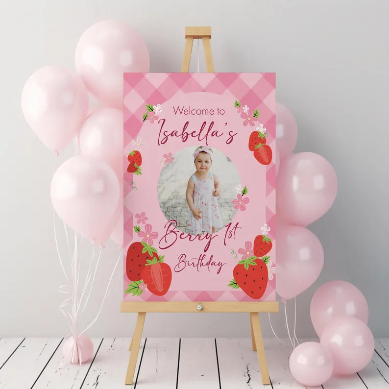 Personalised Strawberry 1st Birthday Photo Welcome Sign