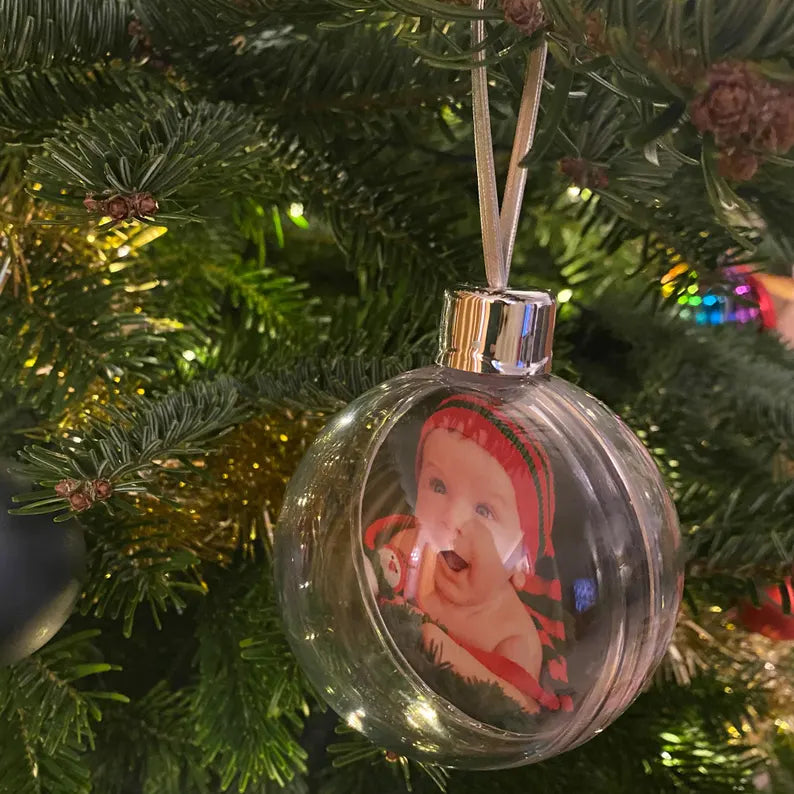 Personalised First Christmas Photo Bauble with Wreath Design