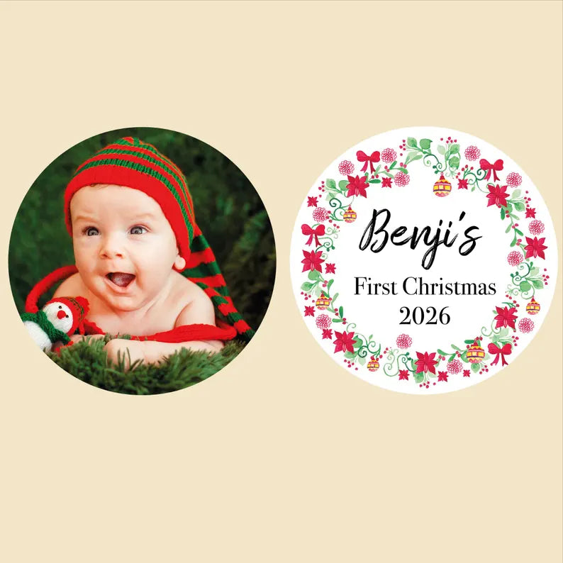 Personalised First Christmas Photo Bauble with Wreath Design