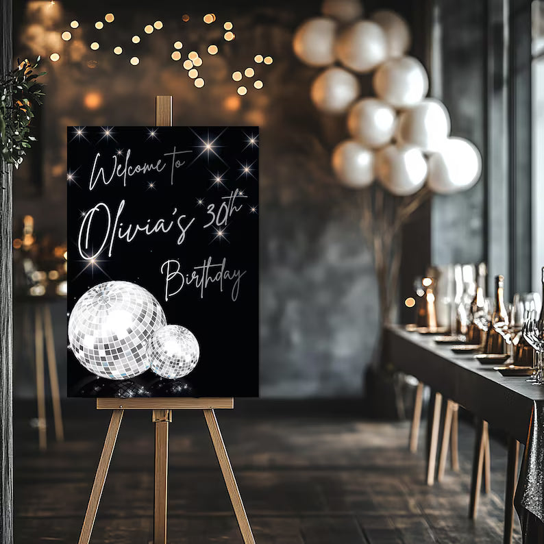 Personalised Silver Disco Ball Birthday Party Sign Monster Parties