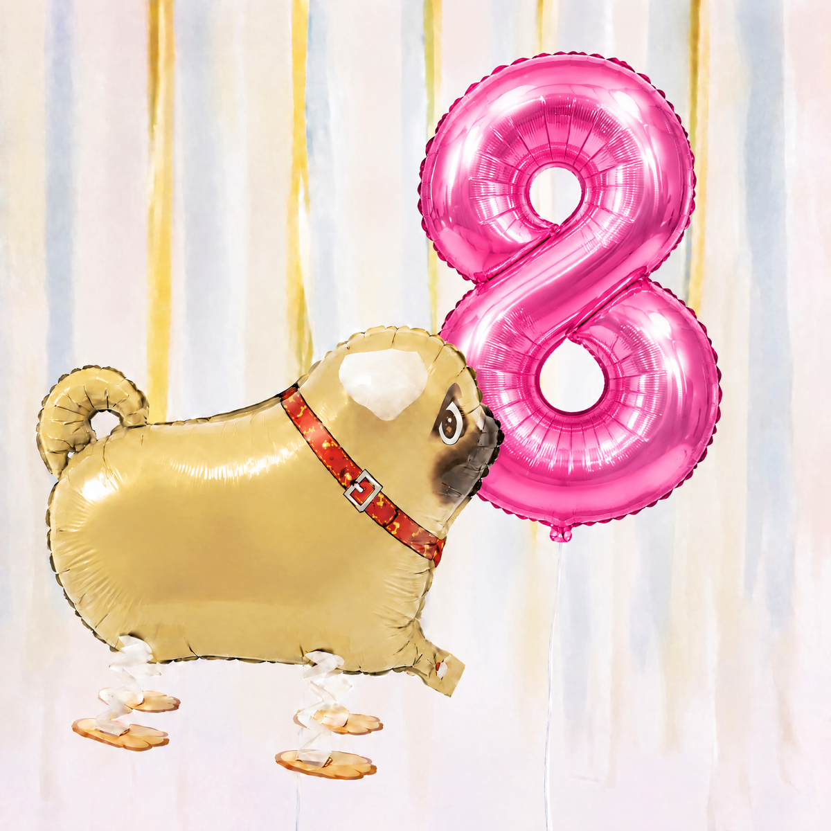 Pug Walking Balloon & Number Balloon Bunch (Choose 1–9 in Pink or Blue)