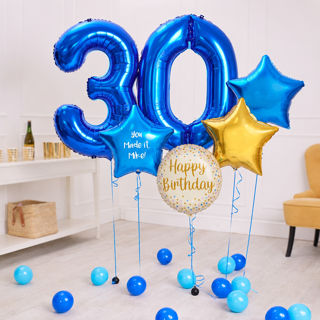 Deluxe Personalised Balloon Bunch - 30th Birthday Blue Personalised Balloons
