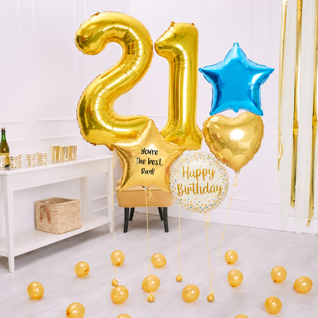 Deluxe Personalised Balloon Bunch - 21st Birthday Gold & Blue Personalised Balloons