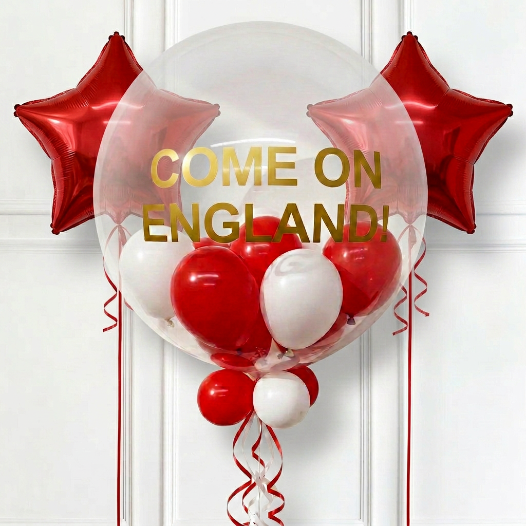Personalised – Come on England! - Bubble Balloon in a Box 2 Red Stars Personalised Balloons