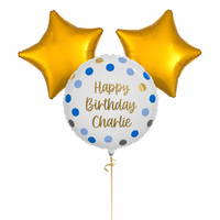 Personalised Blue Dots Balloon 2 Gold Balloons Personalised Balloons