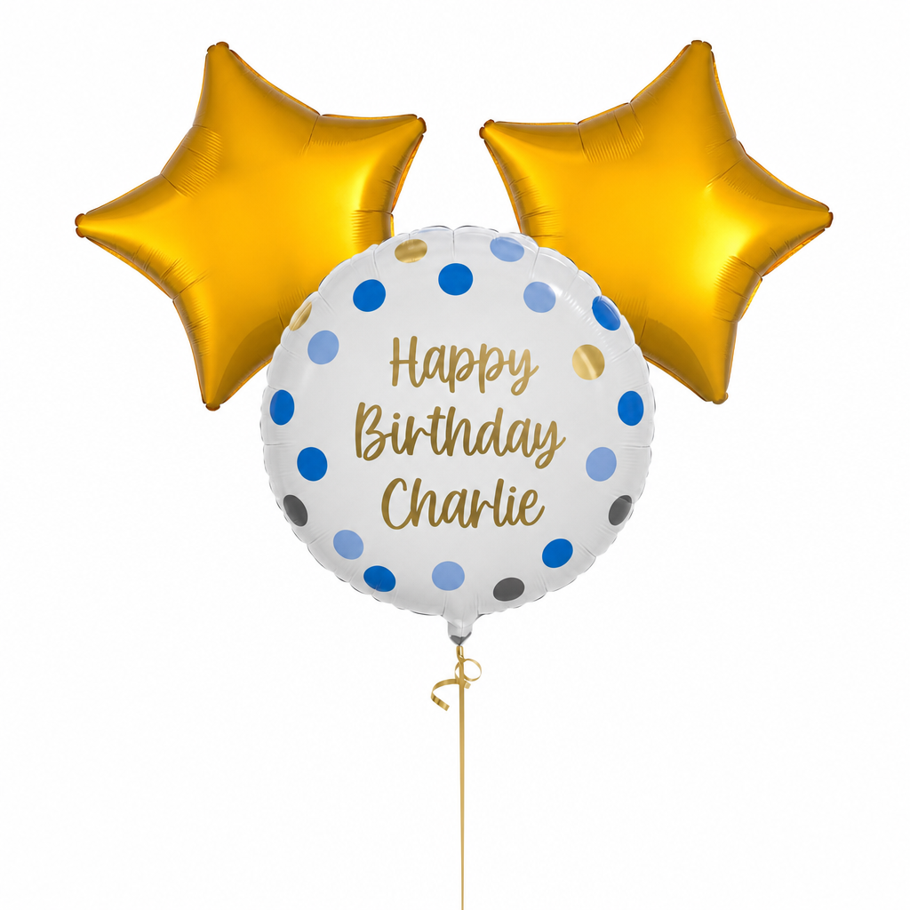 Personalised Blue Dots Balloon 2 Gold Balloons Personalised Balloons