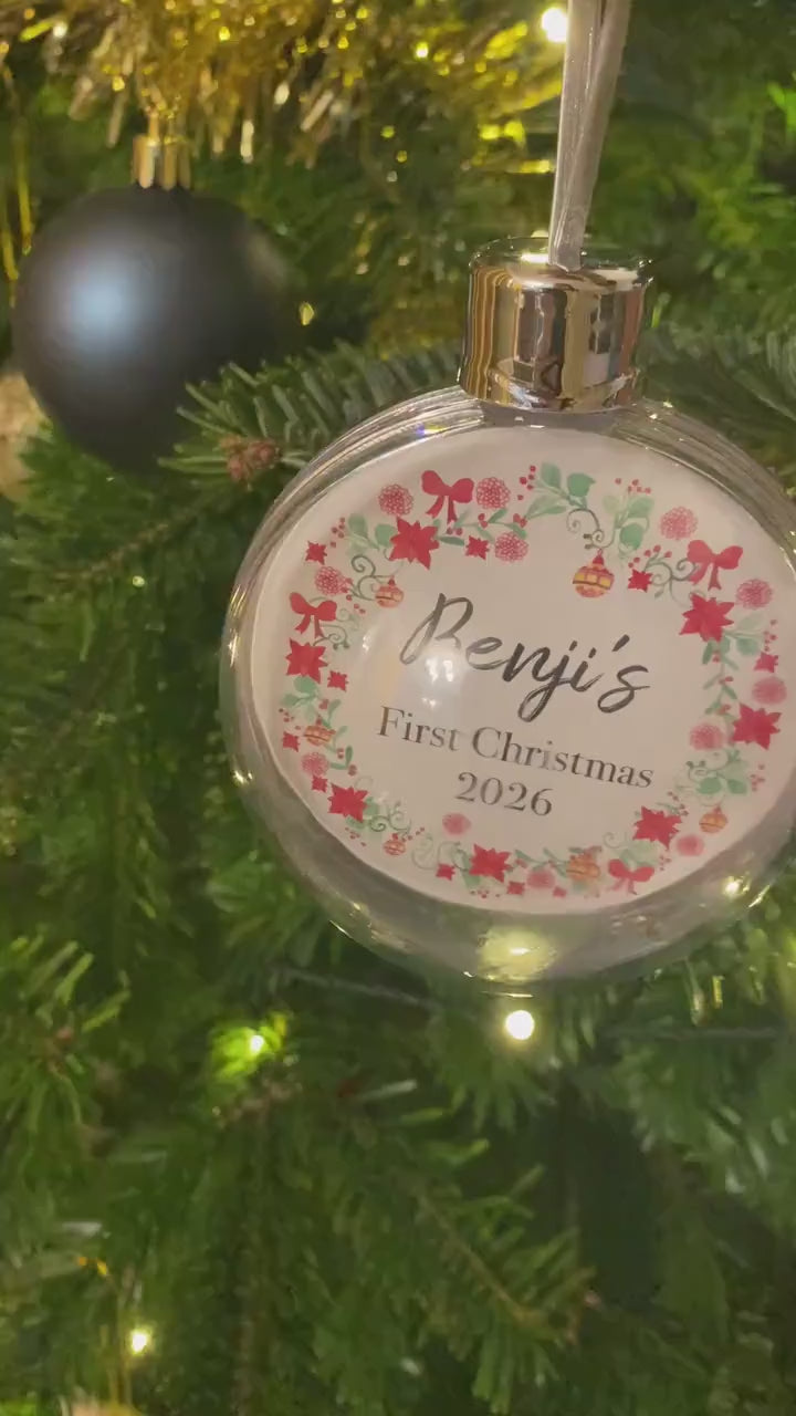 Personalised First Christmas Photo Bauble with Wreath Design