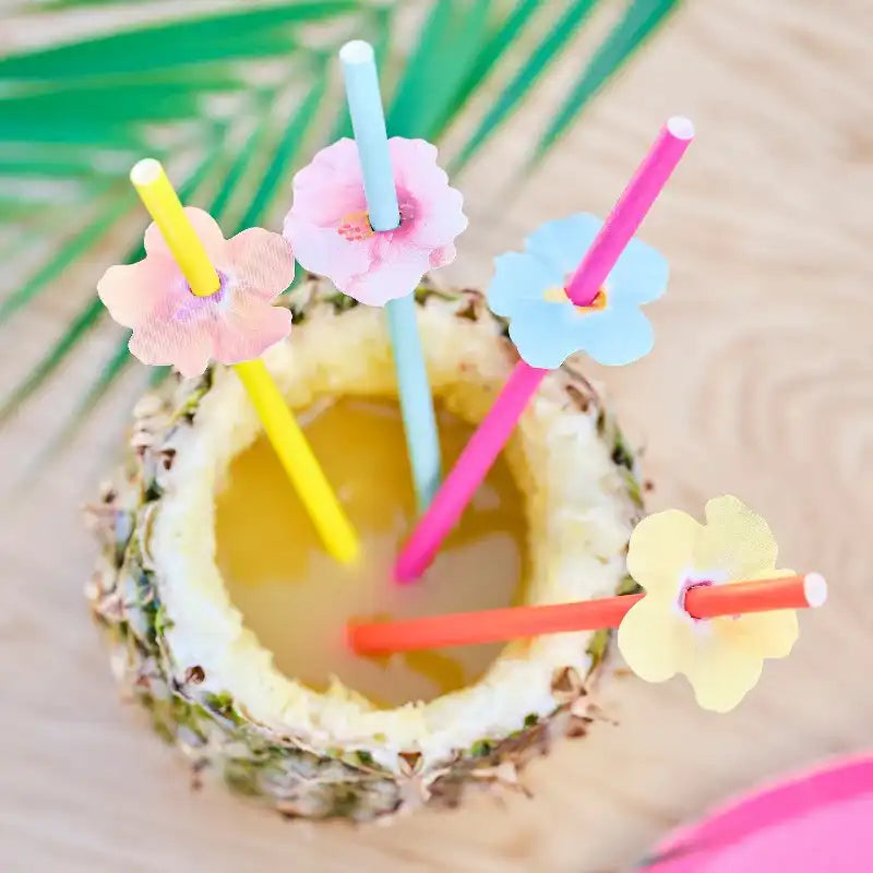 Hawaiian Paper Party Straws with Flower Toppers (x16) Summer