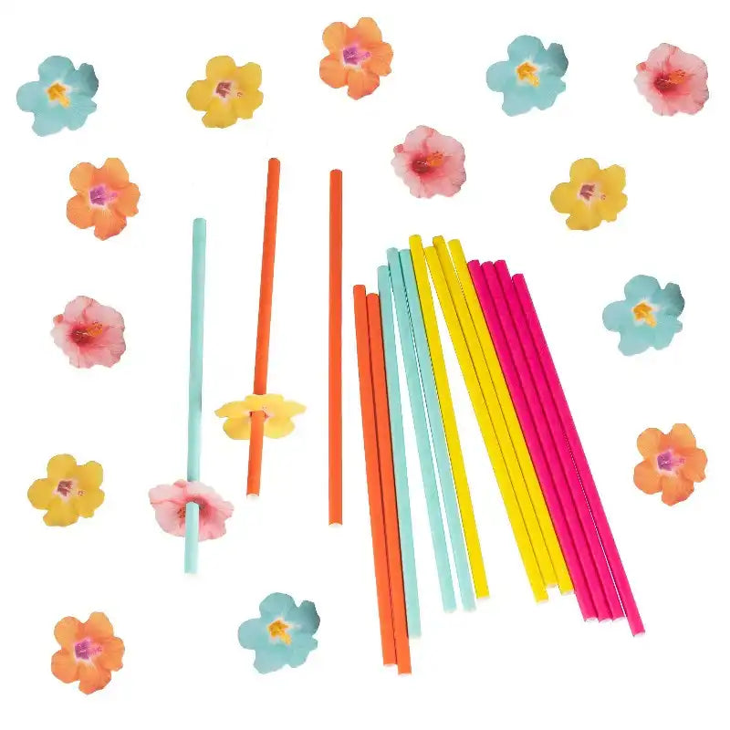 Hawaiian Paper Party Straws with Flower Toppers (x16) Summer
