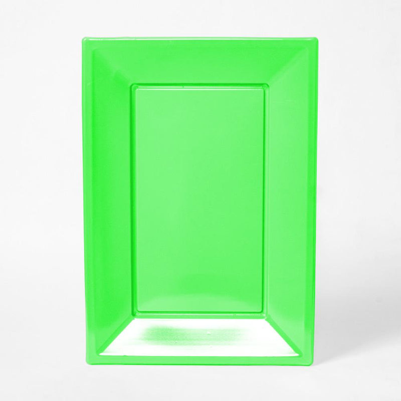 A bright green, rectangular plastic serving tray for party food
