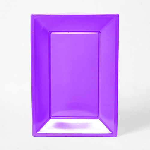 A purple rectangular plastic serving tray for party food