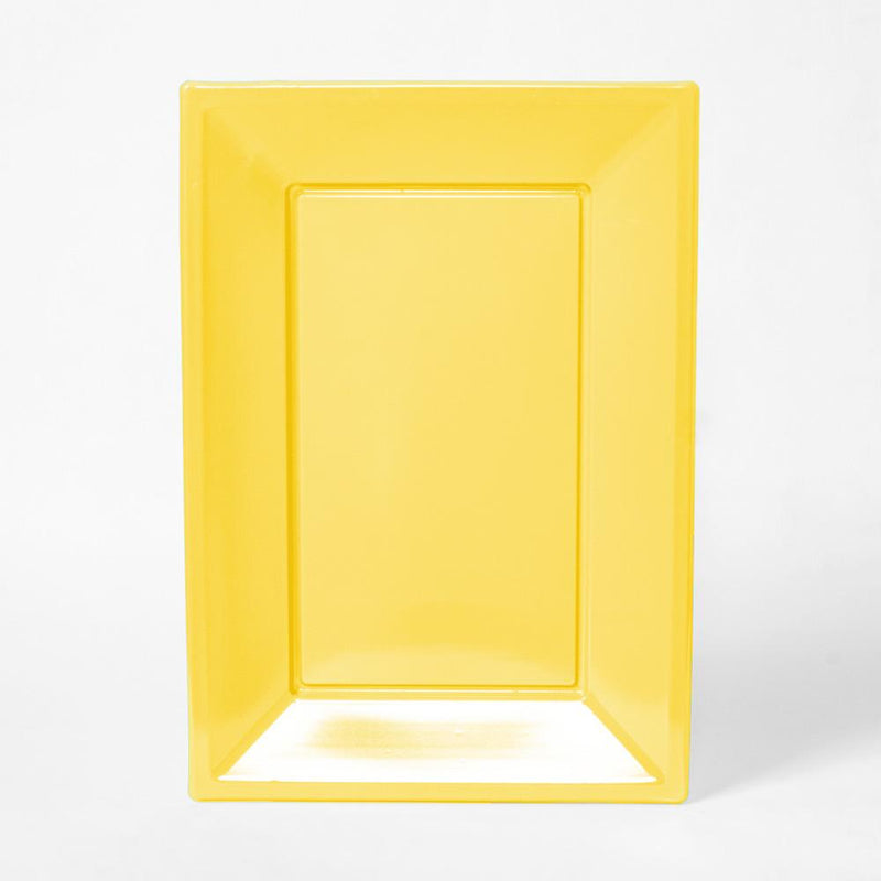 A yellow rectangular plastic serving tray for party food