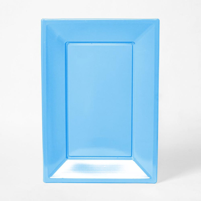 A pale blue rectangular plastic serving tray for party food