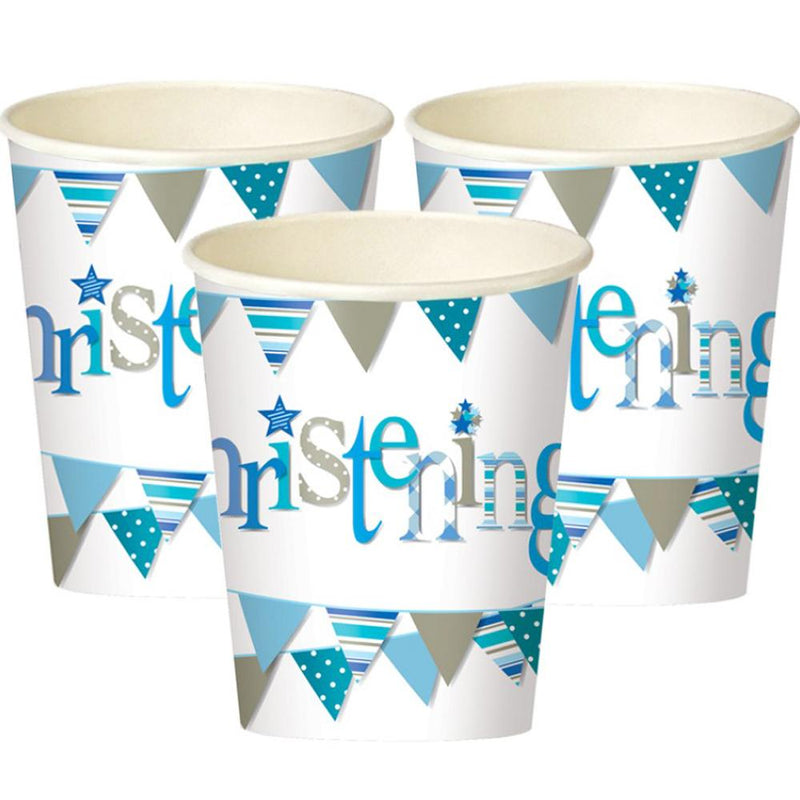 3 Christening party cups with a blue garland design