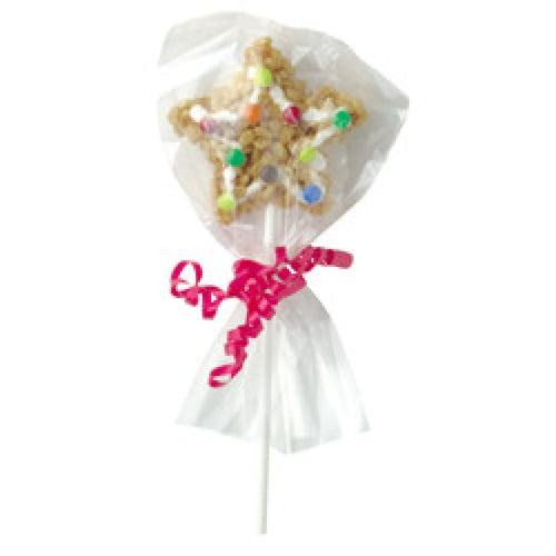 A cookie lollypop covered in a clear plastic cello bag and pink ribbon