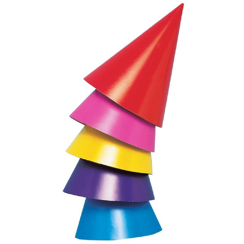 5 colourful, cone-shaped party hats stacked on one another