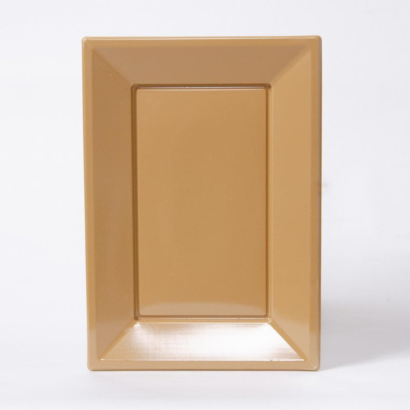 A gold rectangular plastic serving tray for party food